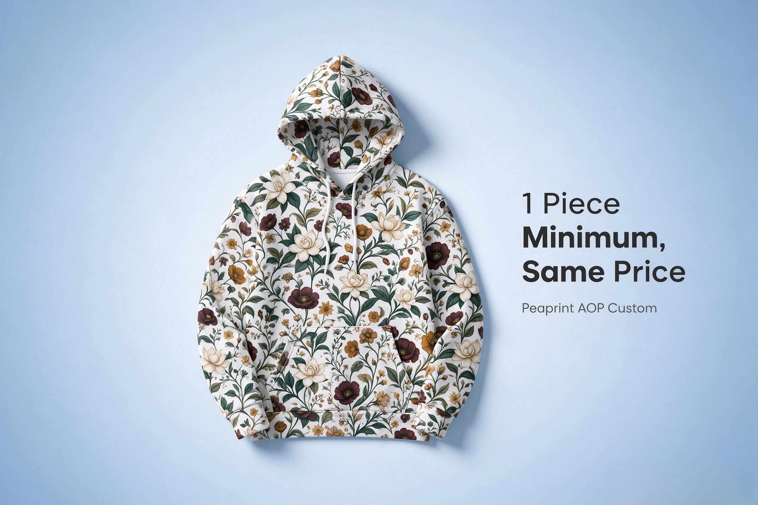 Peaprint all over print custom hoodie with vintage floral AOP pattern, 1 piece minimum and same price