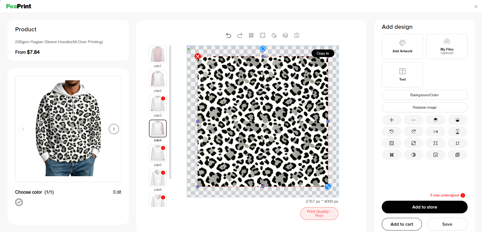 PeaPrint design tool interface showing snow leopard pattern and monogram placeholder