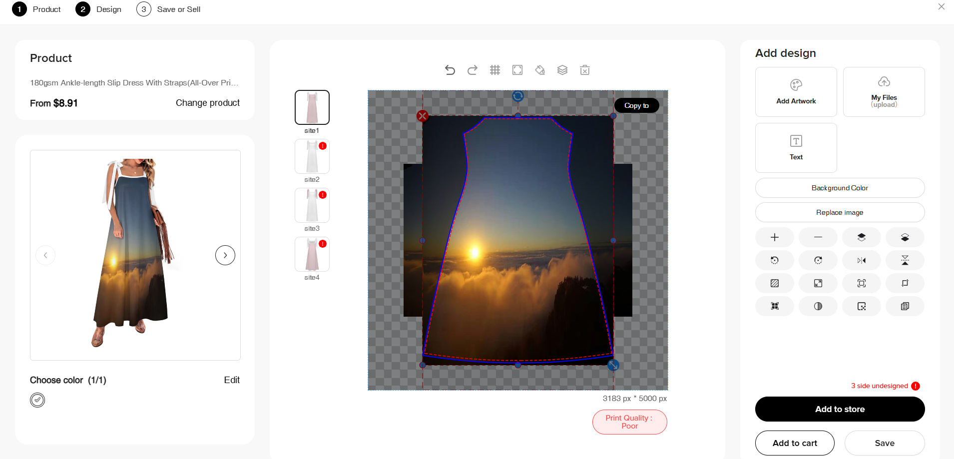 Peaprint mockup generator interface showing real-time AOP preview on a hoodie
