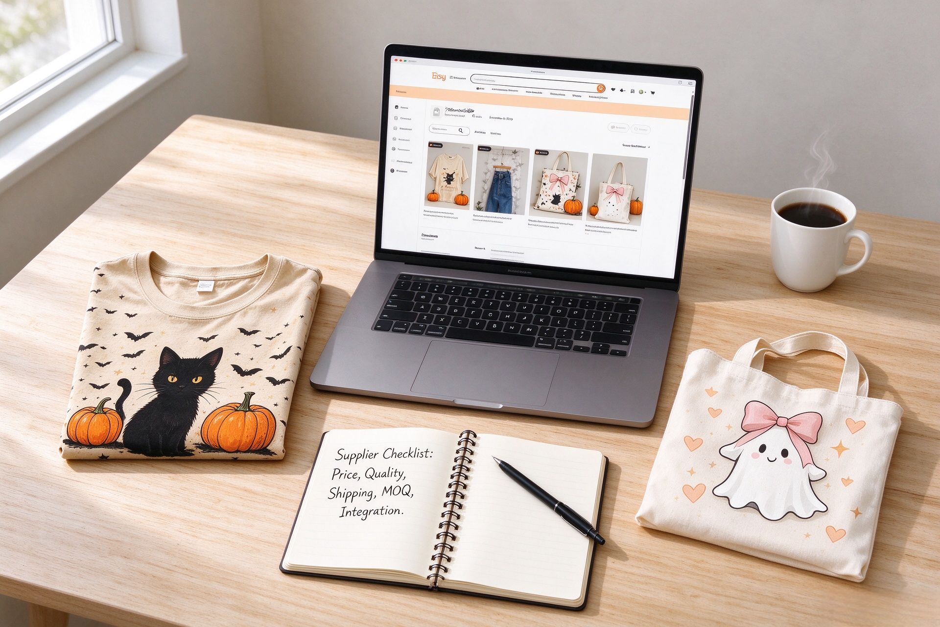 Etsy seller choosing print on demand supplier with Halloween themed AOP product samples and supplier checklist