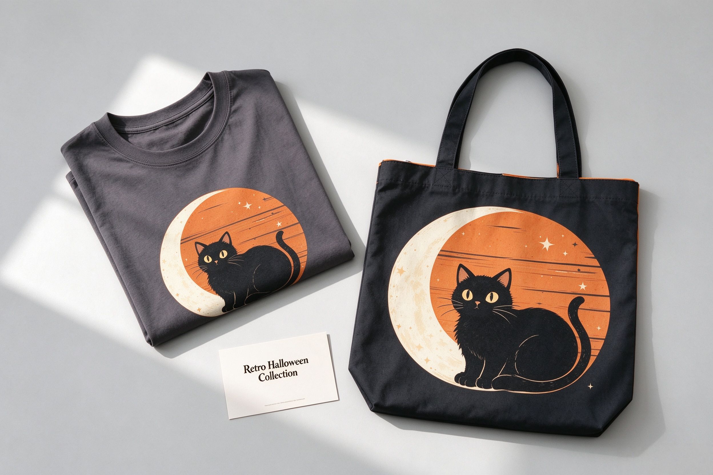 Retro Halloween shirts - vintage black cat and pumpkin designs on tees and totes
