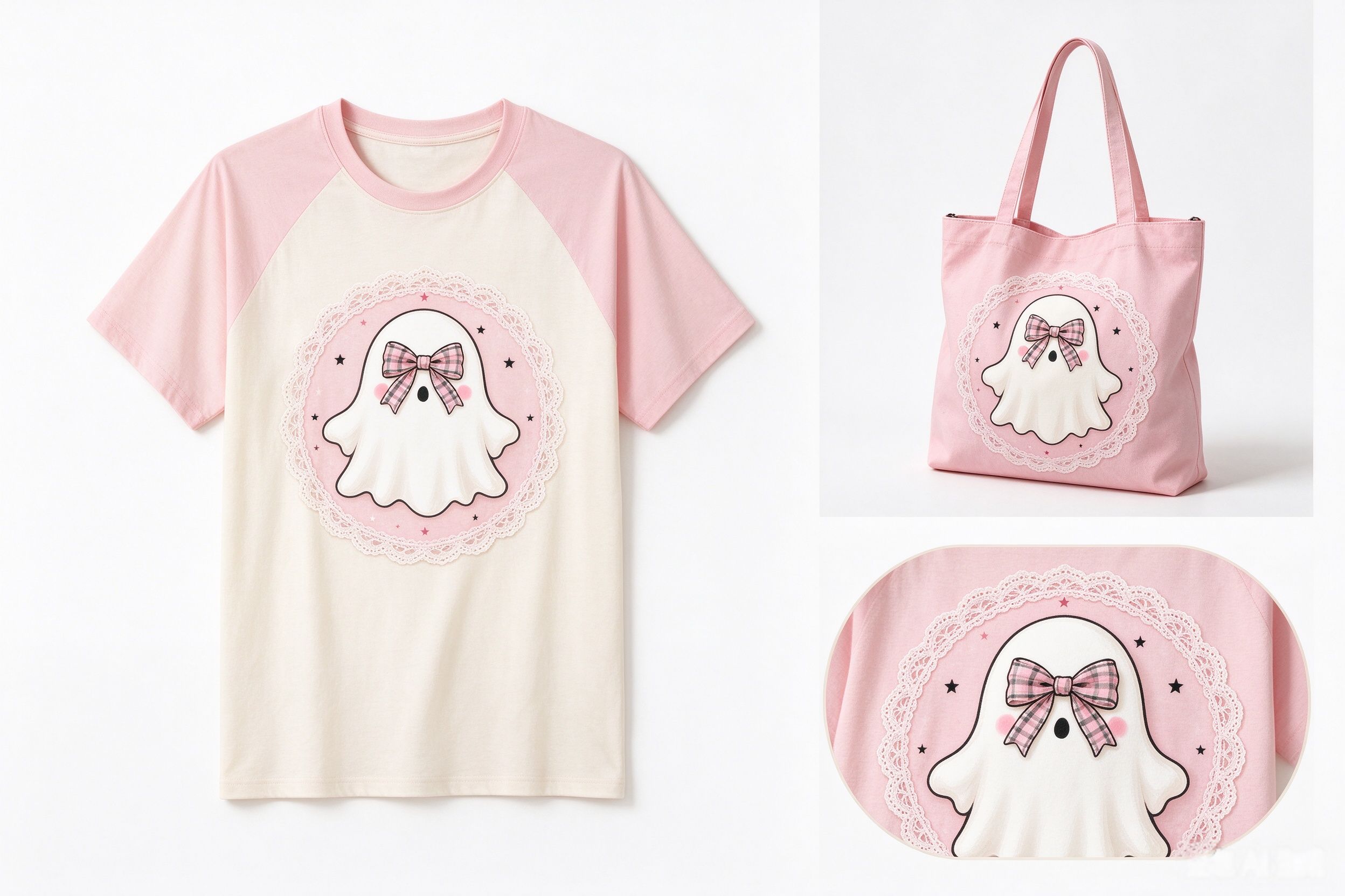 Etsy listing mockup for coquette ghost shirt with bow ghost tee and pink Halloween tote product photos
