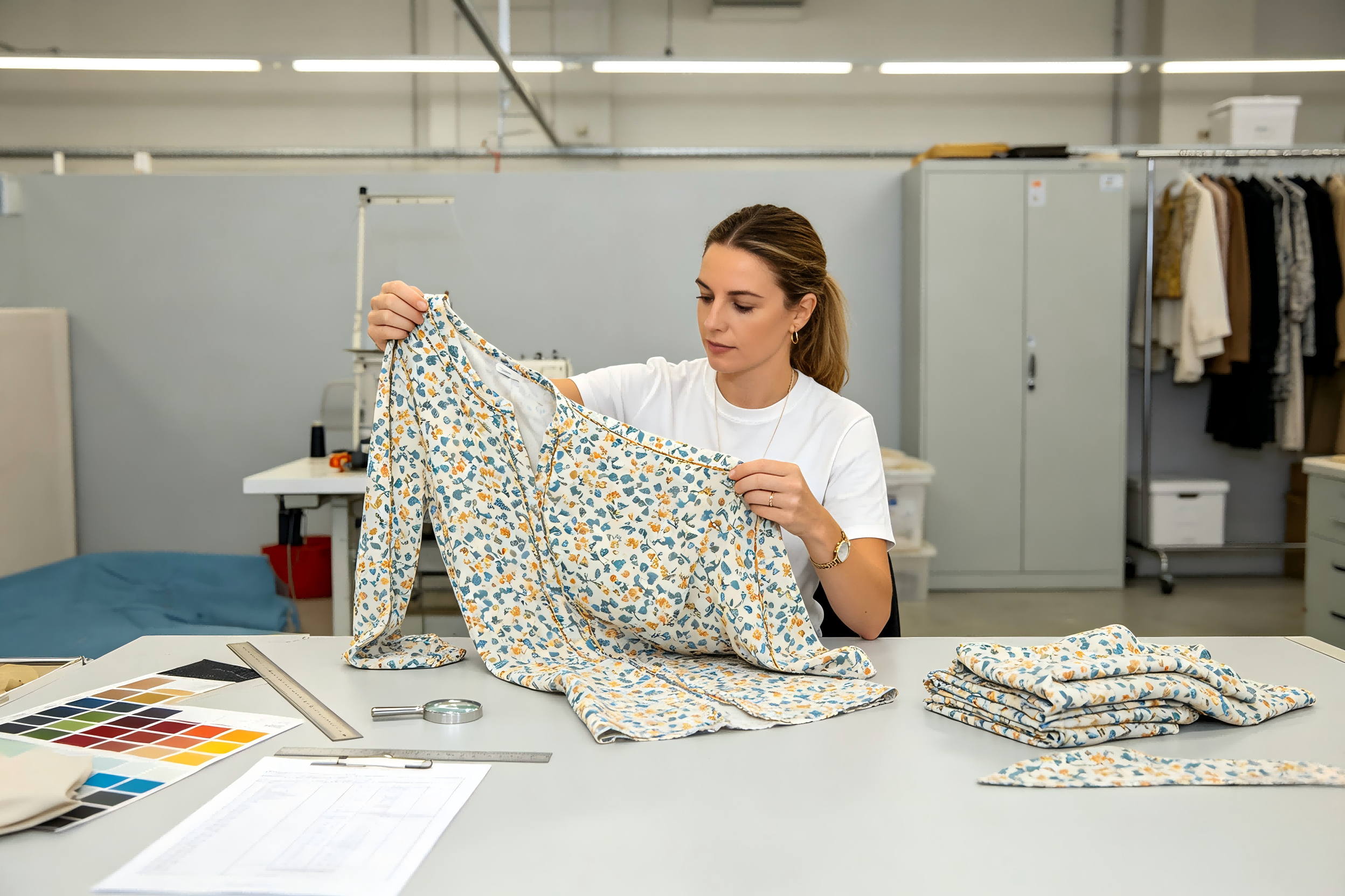 Quality check of all-over print garment for print and stitching